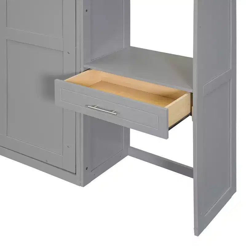 Lit escamotable mural pleine/double taille avec bureau, armoire supérieure et étagères de rangement – Blanc/Gris