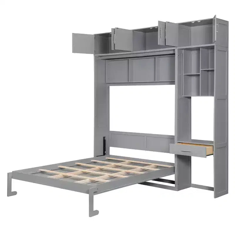 Lit escamotable mural pleine/double taille avec bureau, armoire supérieure et étagères de rangement – Blanc/Gris