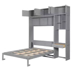 Lit escamotable mural pleine/double taille avec bureau, armoire supérieure et étagères de rangement – Blanc/Gris