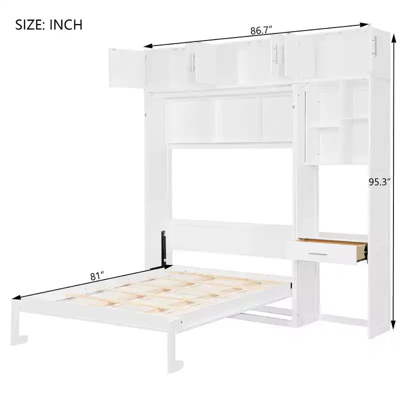 Lit escamotable mural pleine/double taille avec bureau, armoire supérieure et étagères de rangement – Blanc/Gris