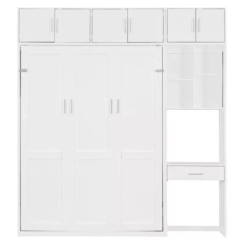 Lit escamotable mural pleine/double taille avec bureau, armoire supérieure et étagères de rangement – Blanc/Gris