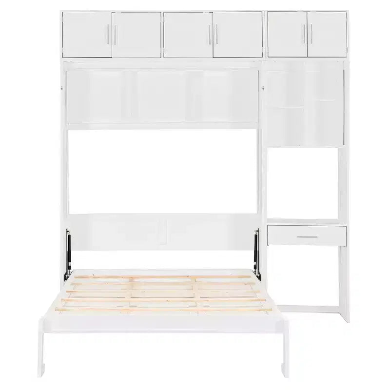 Lit escamotable mural pleine/double taille avec bureau, armoire supérieure et étagères de rangement – Blanc/Gris
