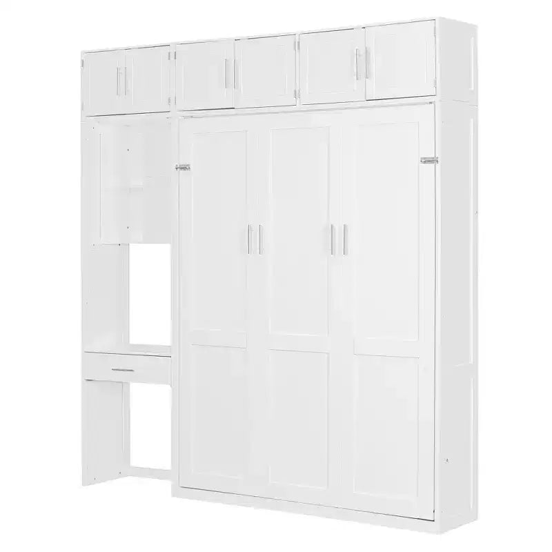 Lit escamotable mural pleine/double taille avec bureau, armoire supérieure et étagères de rangement – Blanc/Gris