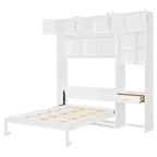 Lit escamotable mural pleine/double taille avec bureau, armoire supérieure et étagères de rangement – Blanc/Gris