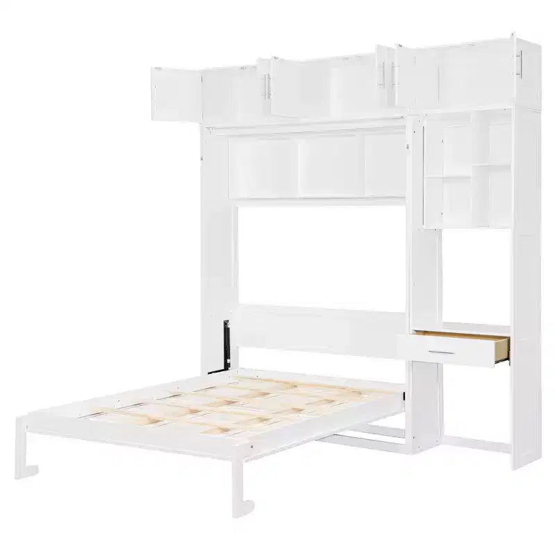 Lit escamotable mural pleine/double taille avec bureau, armoire supérieure et étagères de rangement – Blanc/Gris