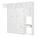 Lit escamotable mural pleine/double taille avec bureau, armoire supérieure et étagères de rangement – Blanc/Gris