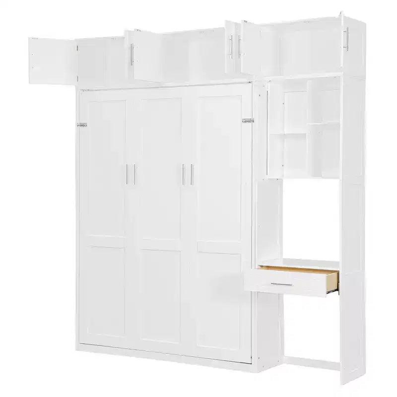 Lit escamotable mural pleine/double taille avec bureau, armoire supérieure et étagères de rangement – Blanc/Gris
