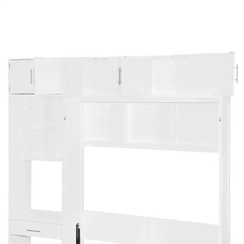 Lit escamotable mural pleine/double taille avec bureau, armoire supérieure et étagères de rangement – Blanc/Gris