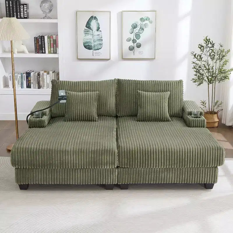 Canapé-méridienne en velours côtelé de 191,77 cm avec dossier réglable, accoudoirs de rangement et porte-gobelets