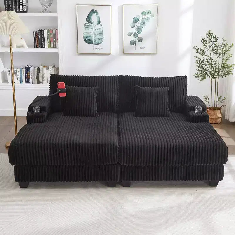 Canapé-méridienne en velours côtelé de 191,77 cm avec dossier réglable, accoudoirs de rangement et porte-gobelets