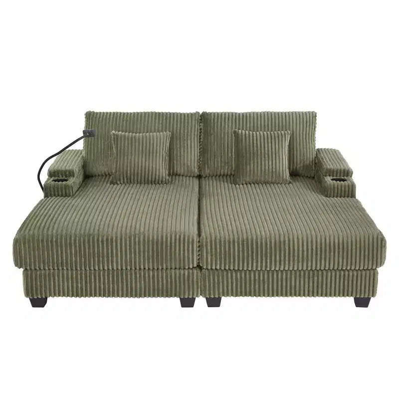 Canapé-méridienne en velours côtelé de 191,77 cm avec dossier réglable, accoudoirs de rangement et porte-gobelets