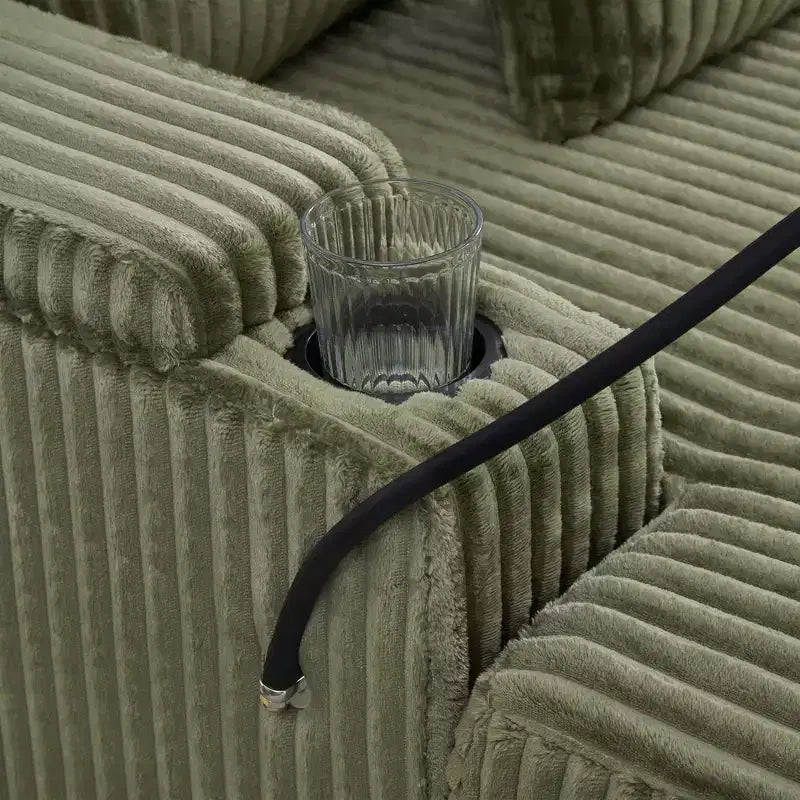 Canapé-méridienne en velours côtelé de 191,77 cm avec dossier réglable, accoudoirs de rangement et porte-gobelets