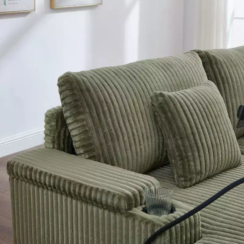 Canapé-méridienne en velours côtelé de 191,77 cm avec dossier réglable, accoudoirs de rangement et porte-gobelets