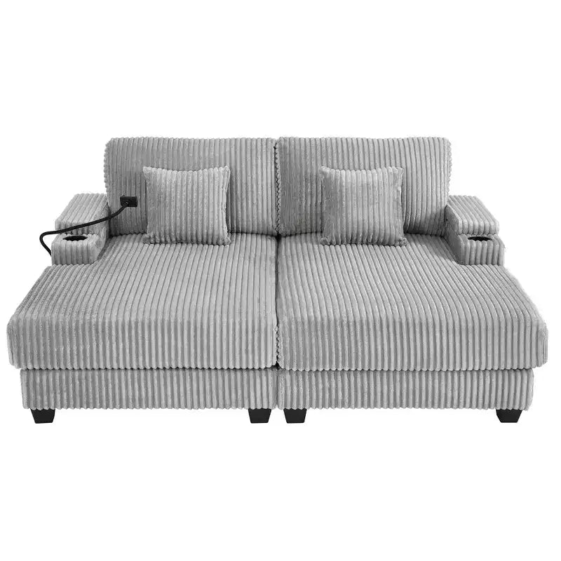 Canapé-méridienne en velours côtelé de 191,77 cm avec dossier réglable, accoudoirs de rangement et porte-gobelets
