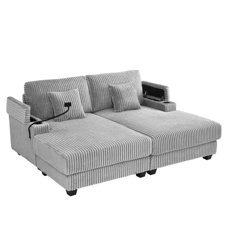 Canapé-méridienne en velours côtelé de 191,77 cm avec dossier réglable, accoudoirs de rangement et porte-gobelets