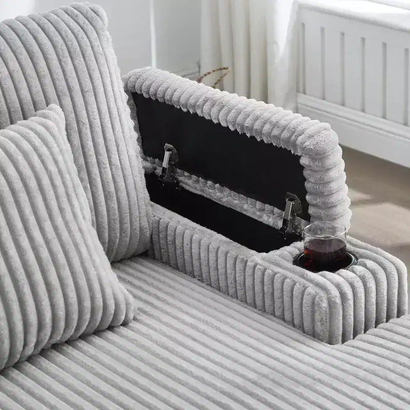 Canapé-méridienne en velours côtelé de 191,77 cm avec dossier réglable, accoudoirs de rangement et porte-gobelets