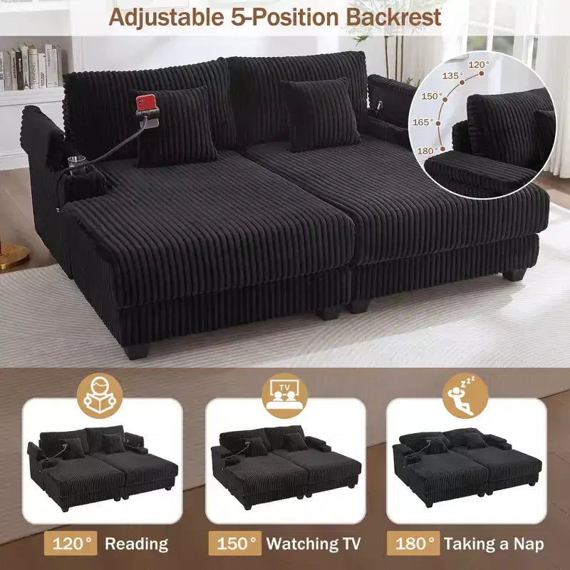 Canapé-méridienne en velours côtelé de 191,77 cm avec dossier réglable, accoudoirs de rangement et porte-gobelets