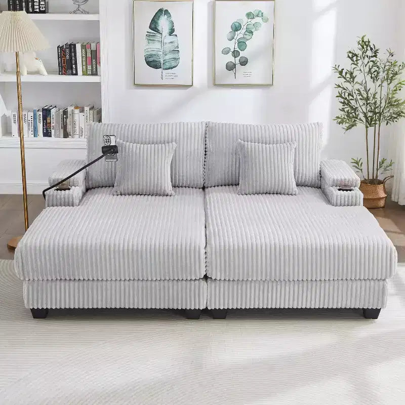 Canapé-méridienne en velours côtelé de 191,77 cm avec dossier réglable, accoudoirs de rangement et porte-gobelets