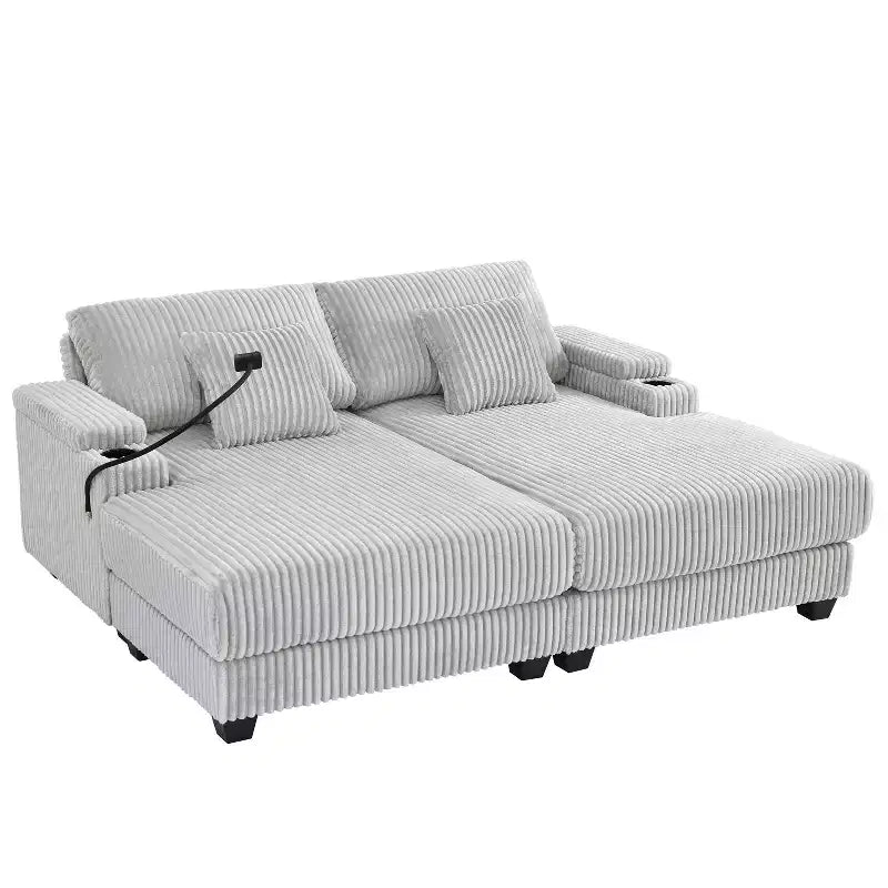 Canapé-méridienne en velours côtelé de 191,77 cm avec dossier réglable, accoudoirs de rangement et porte-gobelets
