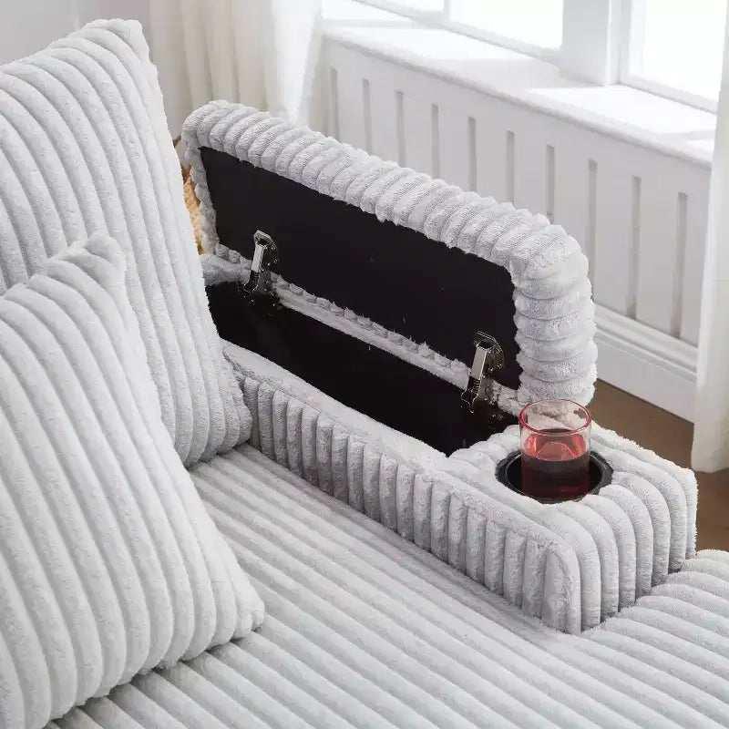 Canapé-méridienne en velours côtelé de 191,77 cm avec dossier réglable, accoudoirs de rangement et porte-gobelets