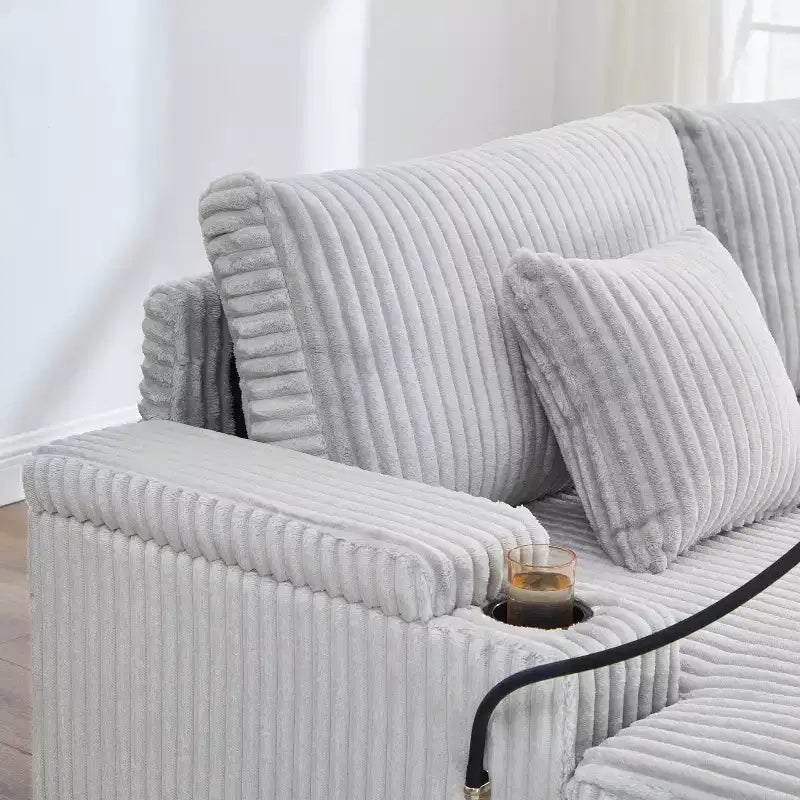 Canapé-méridienne en velours côtelé de 191,77 cm avec dossier réglable, accoudoirs de rangement et porte-gobelets