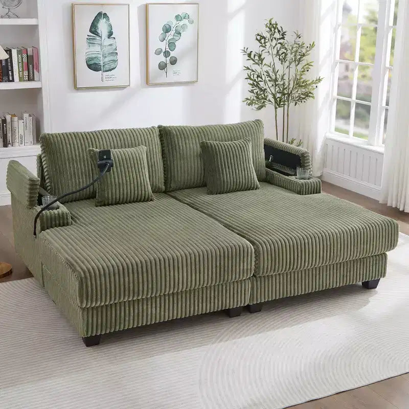 Canapé-méridienne en velours côtelé de 191,77 cm avec dossier réglable, accoudoirs de rangement et porte-gobelets