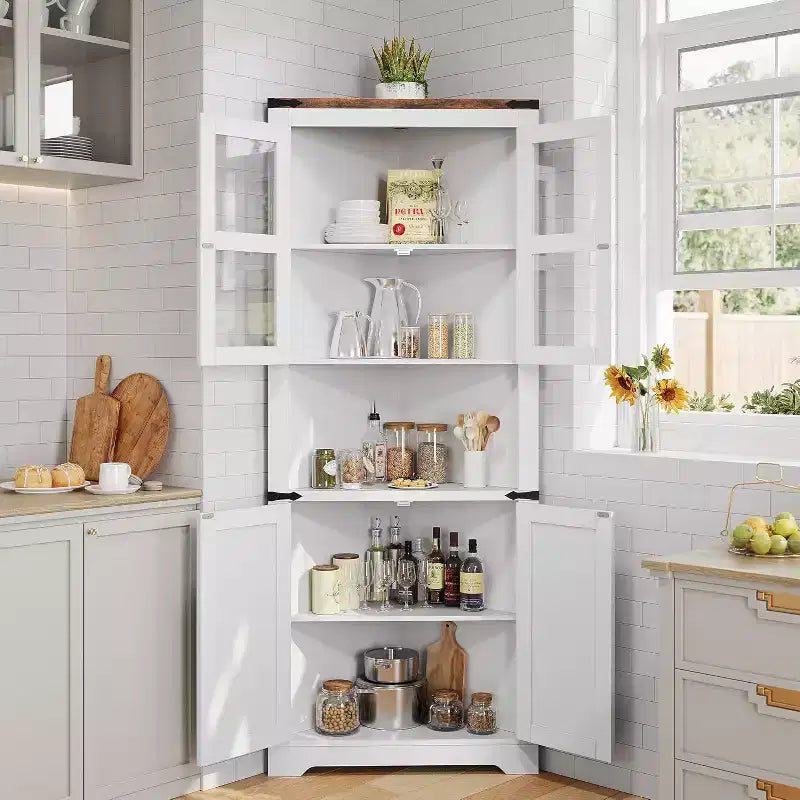 Meuble d'angle de 175 cm de haut avec portes, étagère de rangement à 6 niveaux pour le salon, la cuisine et la salle de bain