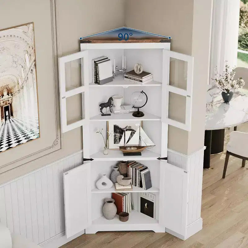 Meuble d'angle de 175 cm de haut avec portes, étagère de rangement à 6 niveaux pour le salon, la cuisine et la salle de bain
