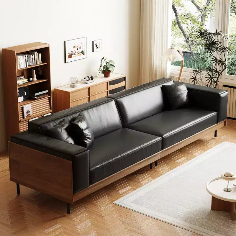 Luck Live Farmhouse 106.3 Wide Leather Sofa with Solid Wood Frame, Metal Legs and 3 Throw Pillows
