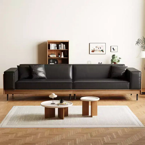 Canapé large en cuir de 106,3 po avec cadre en bois massif, pieds en métal et 3 coussins décoratifs