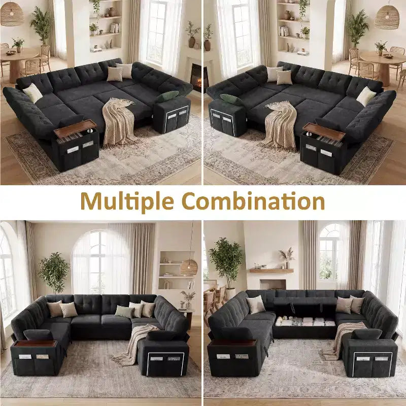 Canapé d'angle modulable 284 cm avec dossiers réglables, accoudoirs de rangement et lit gigogne