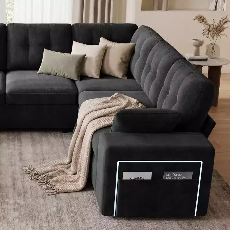 Canapé d'angle modulable 284 cm avec dossiers réglables, accoudoirs de rangement et lit gigogne