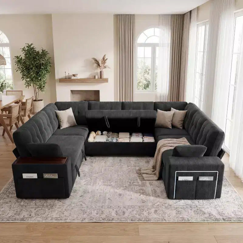 Canapé d'angle modulable 284 cm avec dossiers réglables, accoudoirs de rangement et lit gigogne