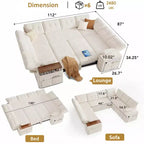 Canapé d'angle modulable 284 cm avec dossiers réglables, accoudoirs de rangement et lit gigogne