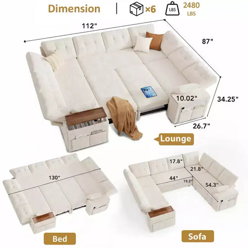 Canapé d'angle modulable 284 cm avec dossiers réglables, accoudoirs de rangement et lit gigogne