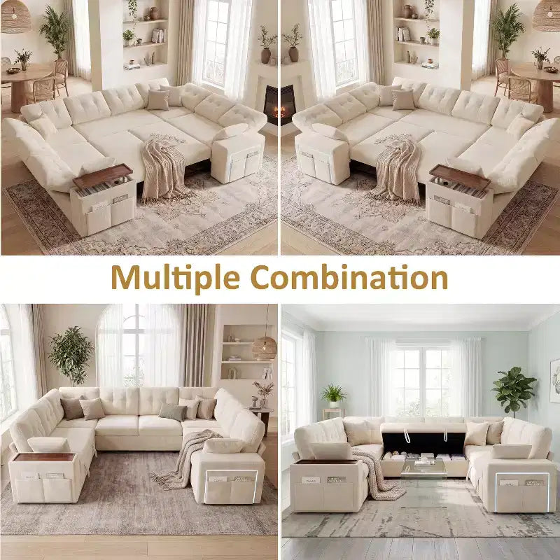 Canapé d'angle modulable 284 cm avec dossiers réglables, accoudoirs de rangement et lit gigogne