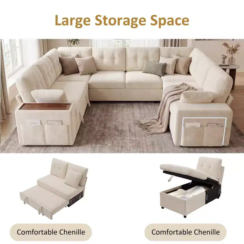 Canapé d'angle modulable 284 cm avec dossiers réglables, accoudoirs de rangement et lit gigogne