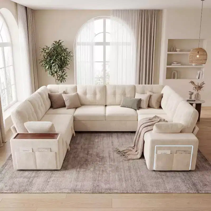 Canapé d'angle modulable 284 cm avec dossiers réglables, accoudoirs de rangement et lit gigogne