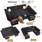 Canapé d'angle modulable 284 cm avec dossiers réglables, accoudoirs de rangement et lit gigogne