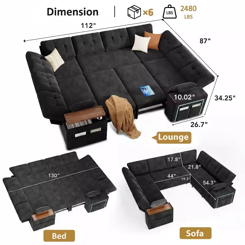 Canapé d'angle modulable 284 cm avec dossiers réglables, accoudoirs de rangement et lit gigogne
