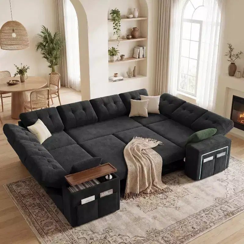 Canapé d'angle modulable 284 cm avec dossiers réglables, accoudoirs de rangement et lit gigogne