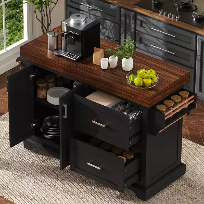 Îlot de cuisine roulant de 53 pouces avec plan de travail épais, 2 tiroirs, porte-épices et porte-serviettes