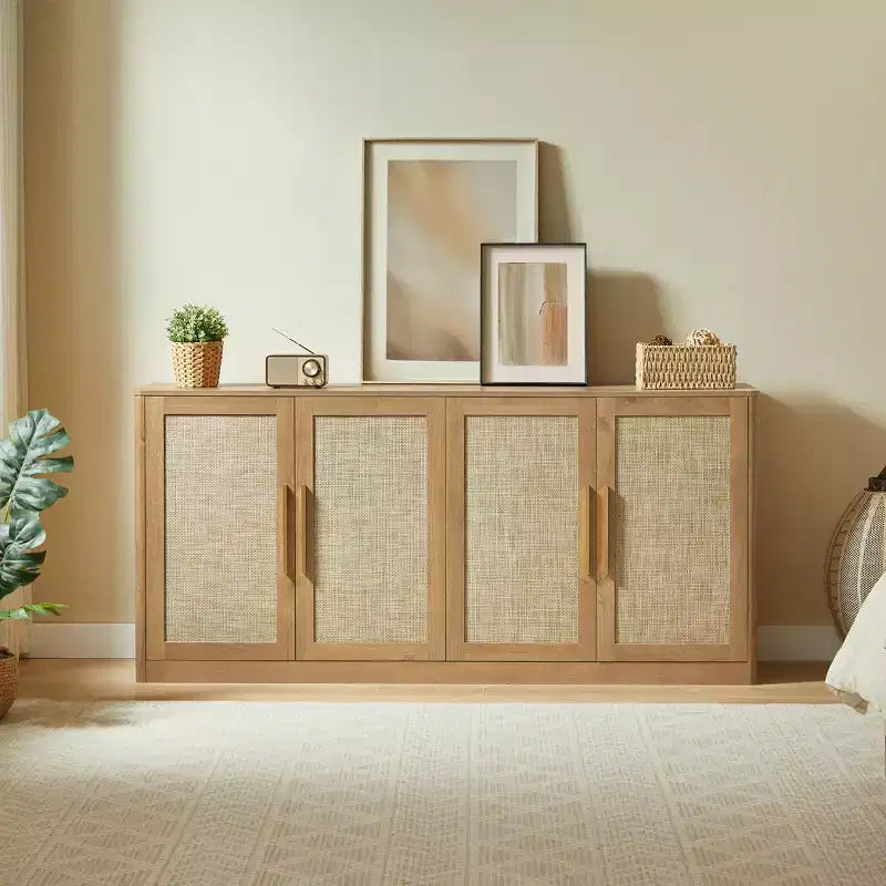 GDFStudio Nita Boho Rattan and Wood 4-Door Sideboard Storage Cabinet