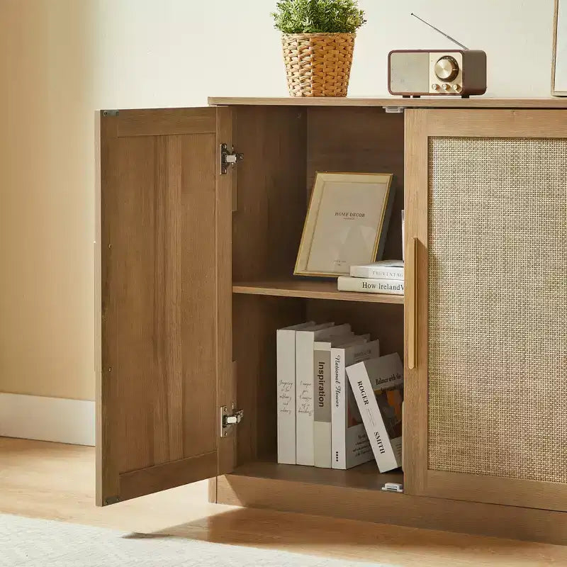 Bahut de rangement 4 portes Bohème en rotin et bois