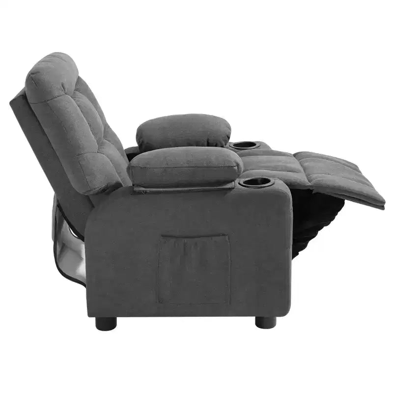 VEVOR Kids Recliner Chair, Toddler Lounger with Cup Holders & Pockets, 107 to 126 Adjustable Back, Polyester Upholstery Reclining Sofa, Gray