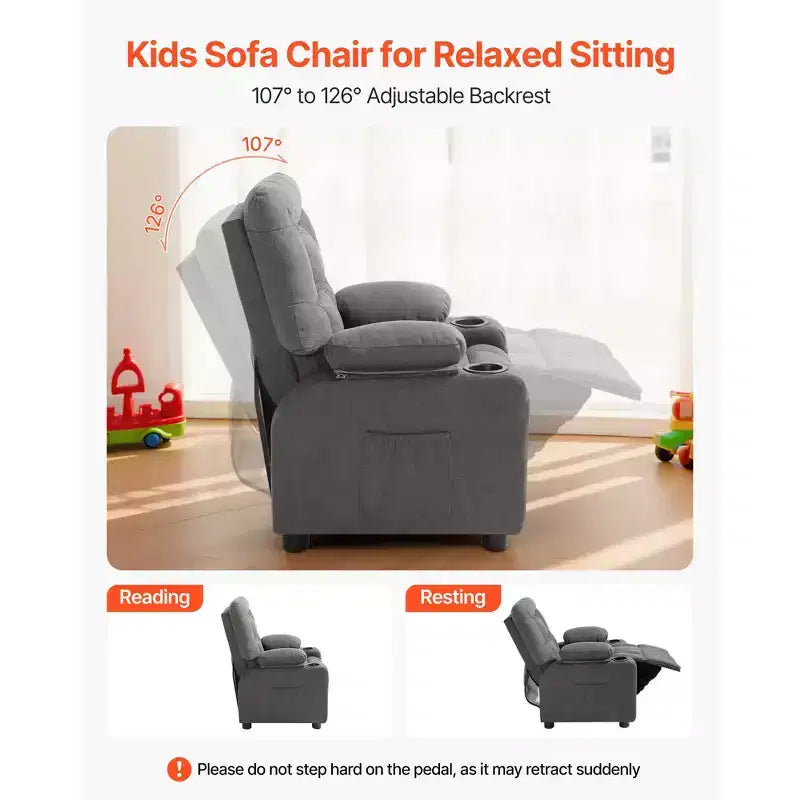 Fauteuil Inclinable Enfant VEVOR, Chaise Longue Tout-petit avec Porte-Gobelets et Poches, Dossier Réglable de 107 à 126, Canapé Inclinable en Tissu Polyester, Gris