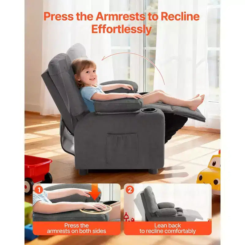 Fauteuil Inclinable Enfant VEVOR, Chaise Longue Tout-petit avec Porte-Gobelets et Poches, Dossier Réglable de 107 à 126, Canapé Inclinable en Tissu Polyester, Gris