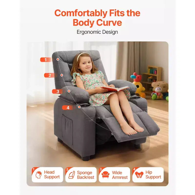 Fauteuil Inclinable Enfant VEVOR, Chaise Longue Tout-petit avec Porte-Gobelets et Poches, Dossier Réglable de 107 à 126, Canapé Inclinable en Tissu Polyester, Gris