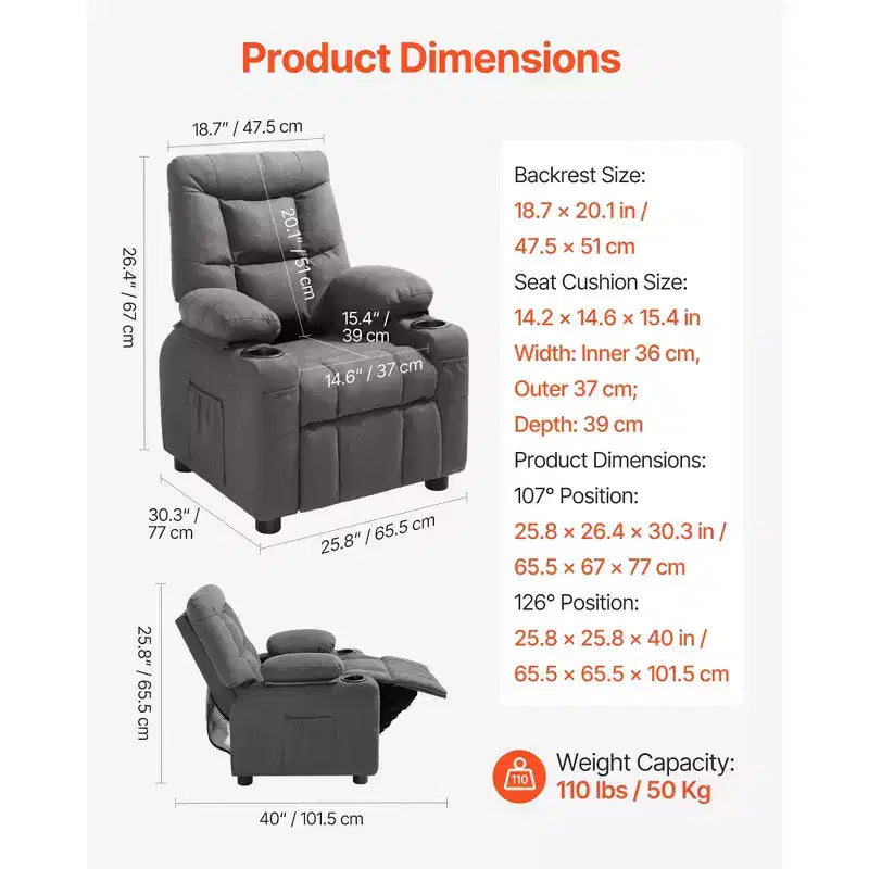 Fauteuil Inclinable Enfant VEVOR, Chaise Longue Tout-petit avec Porte-Gobelets et Poches, Dossier Réglable de 107 à 126, Canapé Inclinable en Tissu Polyester, Gris