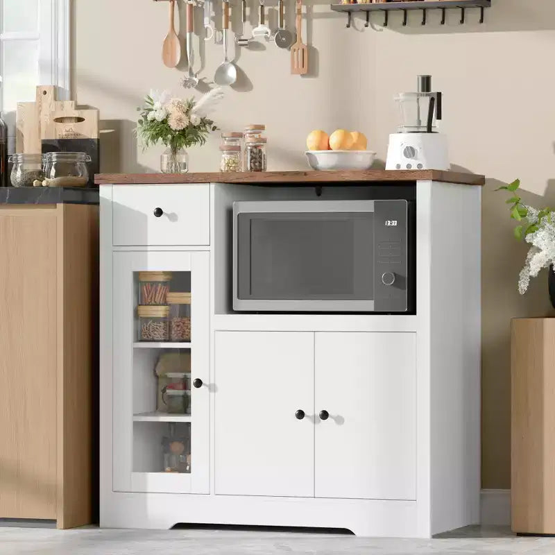 Meuble de cuisine pour micro-ondes avec étagères réglables, tiroirs et portes vitrées – Buffet en bois